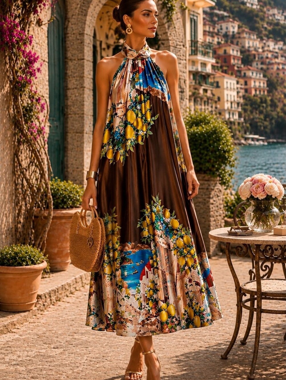 EL 8 Made In Italy Viscose Santorini Elegant Brown Lemon-Print Halter Maxi Dress